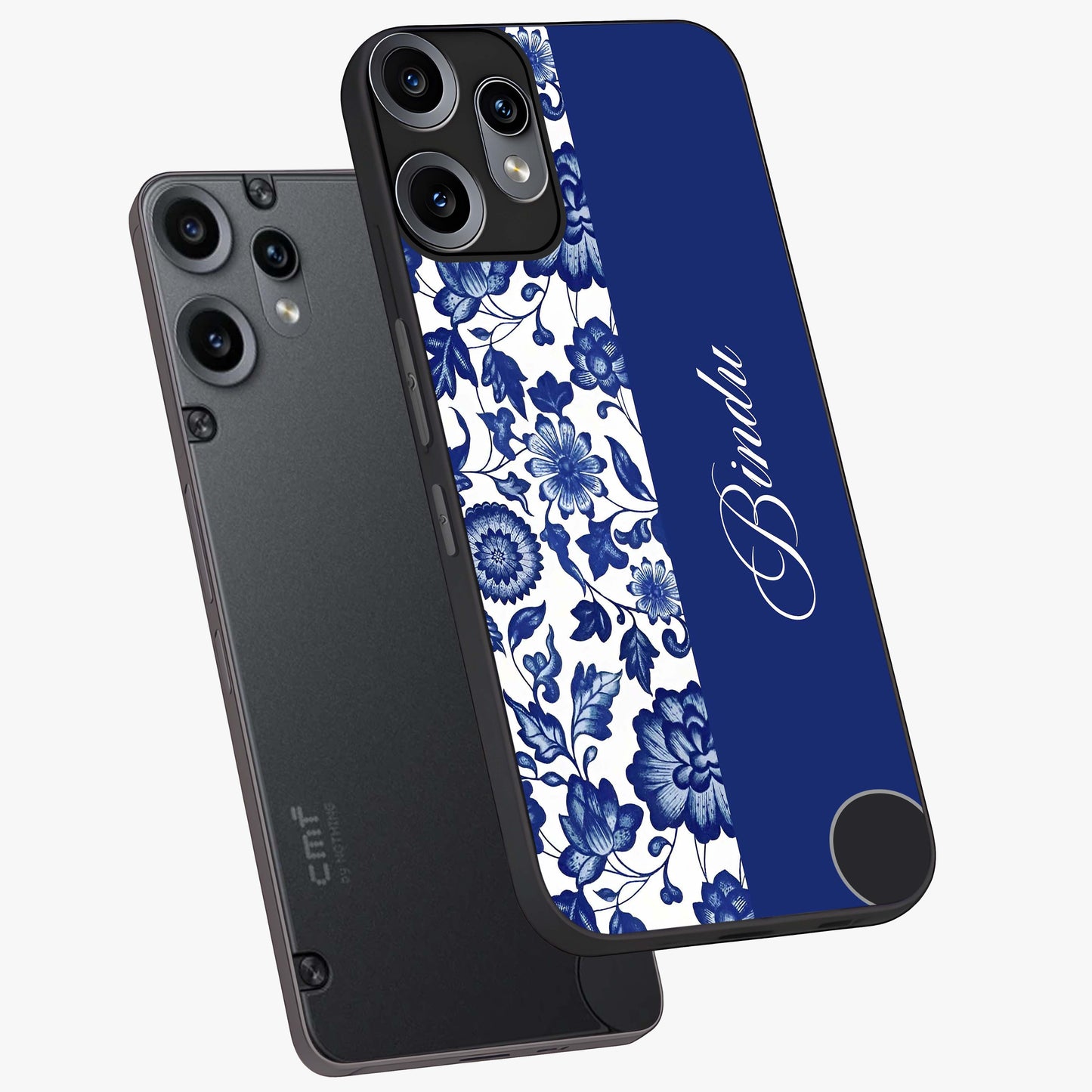 Blue Vintage Floral Pattern Glass Case displayed in angled mockup highlighting subtle bloom pattern with aesthetic pastel design.