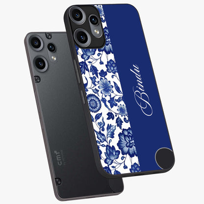 Blue Vintage Floral Pattern Glass Case displayed in angled mockup highlighting subtle bloom pattern with aesthetic pastel design.