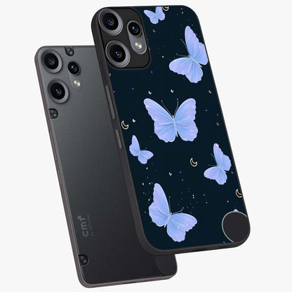 Butterfly With Stars Pattern Glass Case displayed in angled mockup highlighting dreamy butterfly and star design with aesthetic theme.