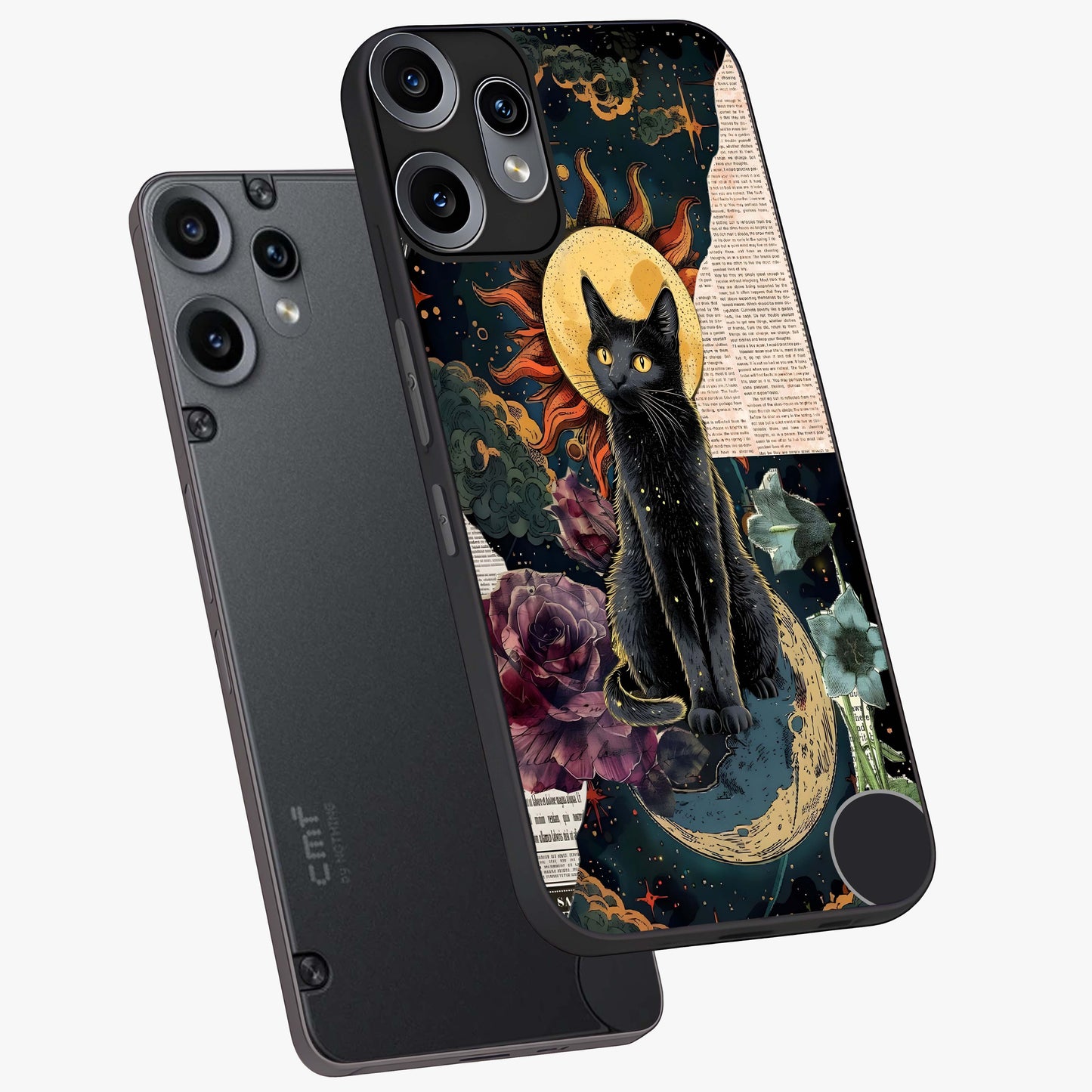 Celestial Black Cat Glass Case displayed in angled mockup highlighting cosmic black cat design with celestial aesthetic.
