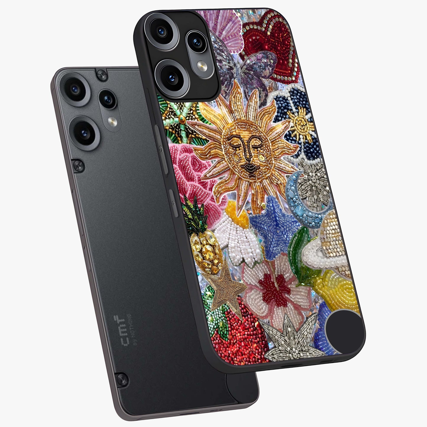 Celestial Floral and Playful Glass Case displayed in angled mockup highlighting playful floral design with dreamy celestial elements.