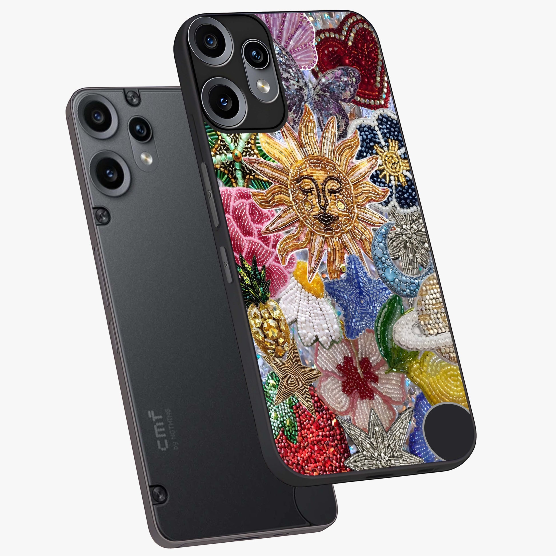 Celestial Floral and Playful Glass Case displayed in angled mockup highlighting playful floral design with dreamy celestial elements.