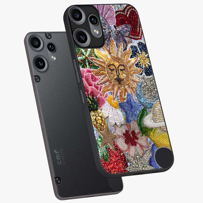 Celestial Floral and Playful Glass Case displayed in angled mockup highlighting playful floral design with dreamy celestial elements.