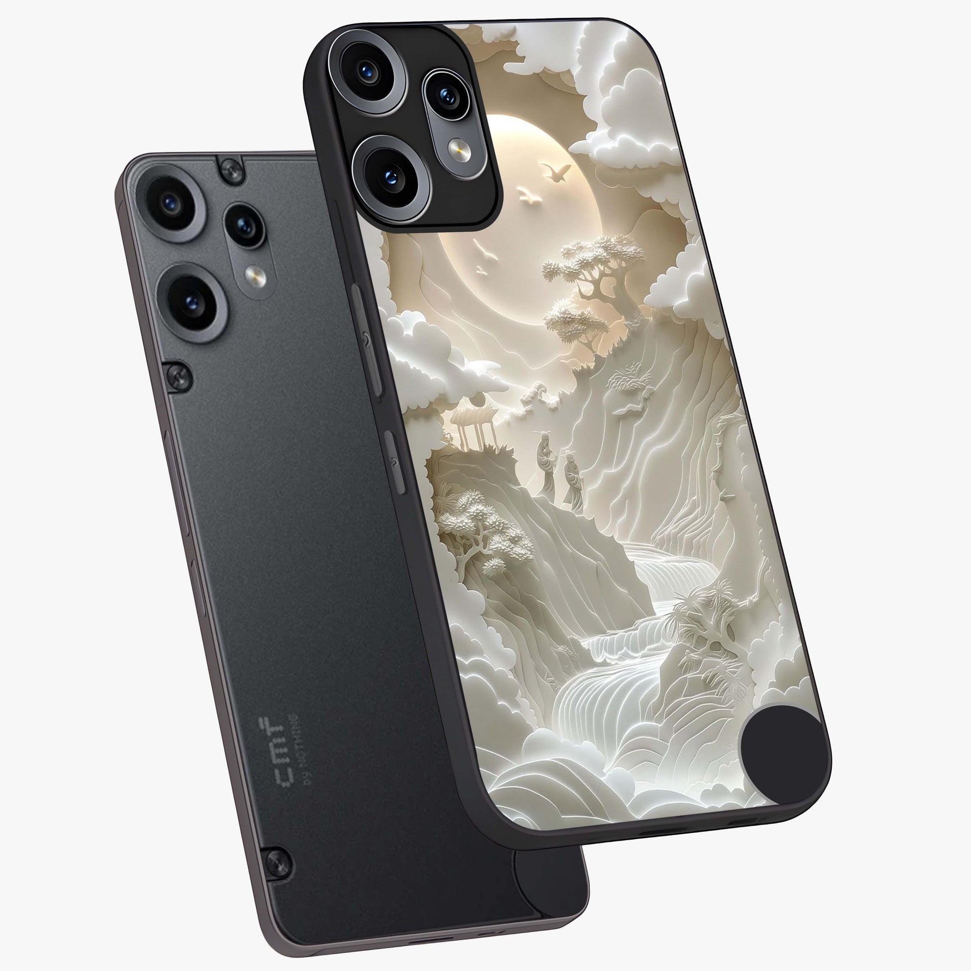Celestial Origami Glass Case displayed in angled mockup highlighting geometric origami design with cosmic aesthetic theme.