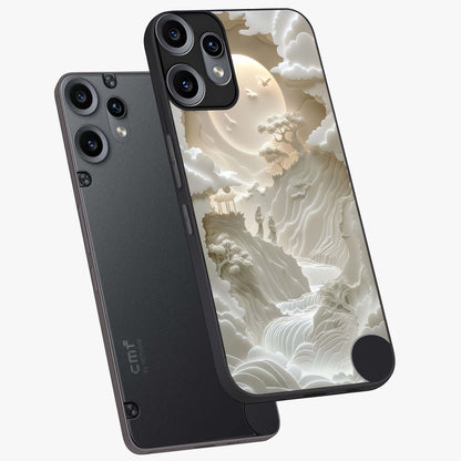 Celestial Origami Glass Case displayed in angled mockup highlighting geometric origami design with cosmic aesthetic theme.