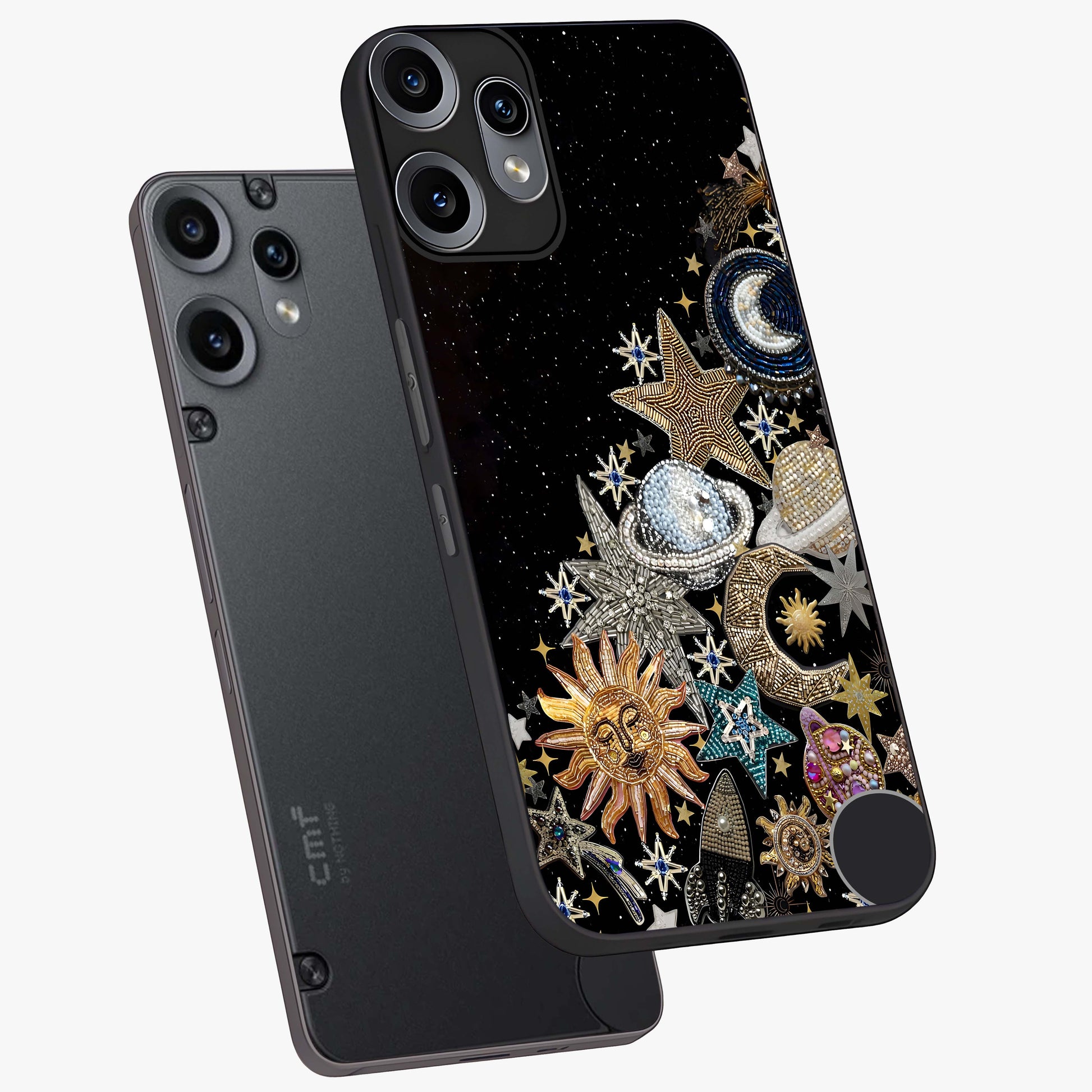 Cosmic Sparkle Dreams Glass Case displayed in angled mockup highlighting dreamy star sparkle design with celestial aesthetic.