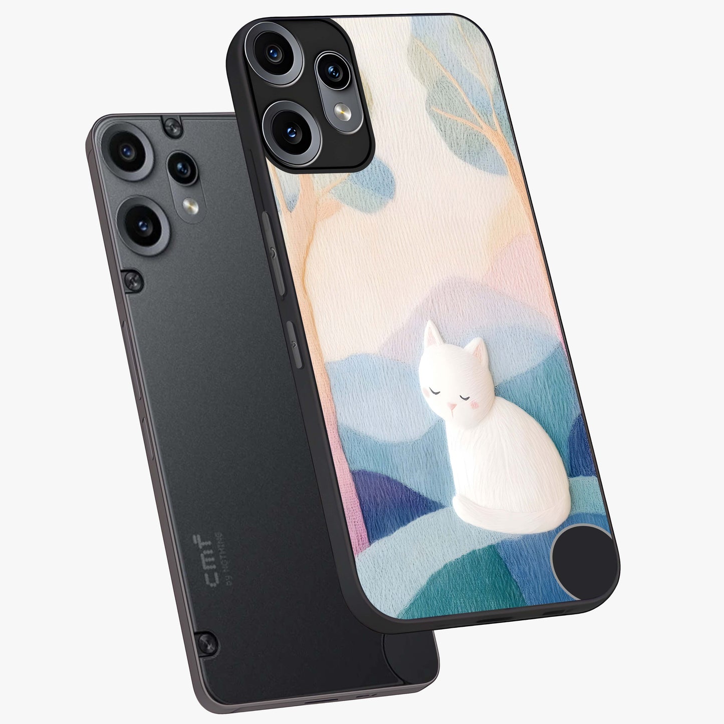 Cotton Dream Cat Glass Case displayed in angled mockup highlighting cute feline illustration with pastel aesthetic style.