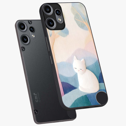 Cotton Dream Cat Glass Case displayed in angled mockup highlighting cute feline illustration with pastel aesthetic style.