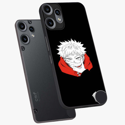 Crimson Chaos Smile Glass Case displayed in angled mockup highlighting edgy crimson smile design with graphic aesthetic.