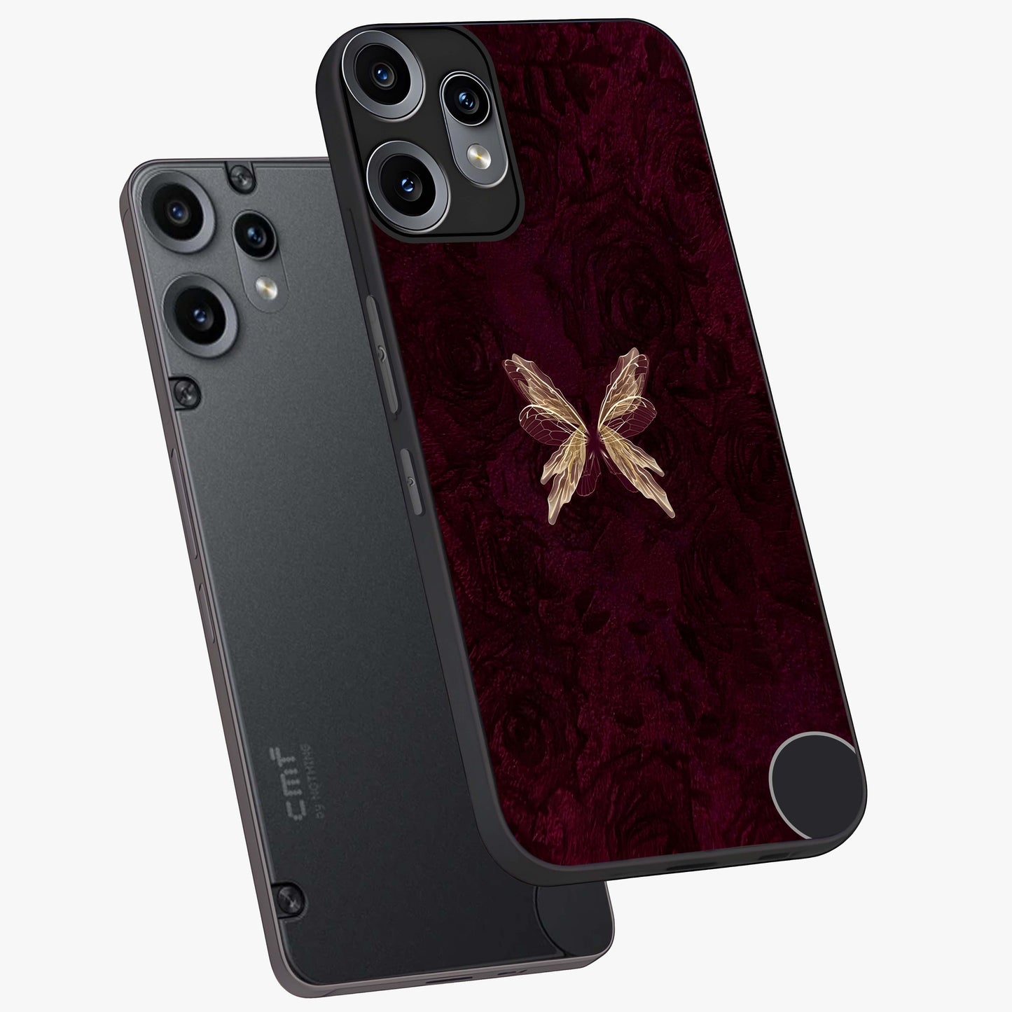 Crimson Fade Butterfly Glass Case displayed in angled mockup highlighting elegant butterfly design with crimson gradient aesthetic.