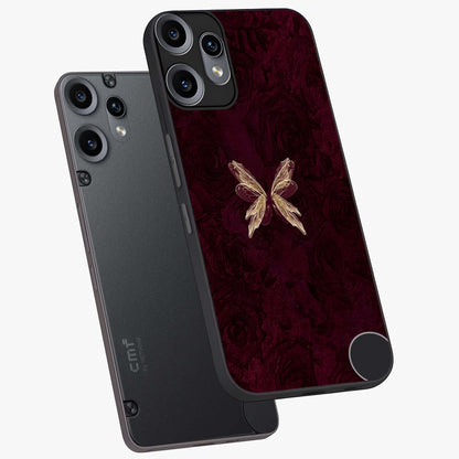 Crimson Fade Butterfly Glass Case displayed in angled mockup highlighting elegant butterfly design with crimson gradient aesthetic.