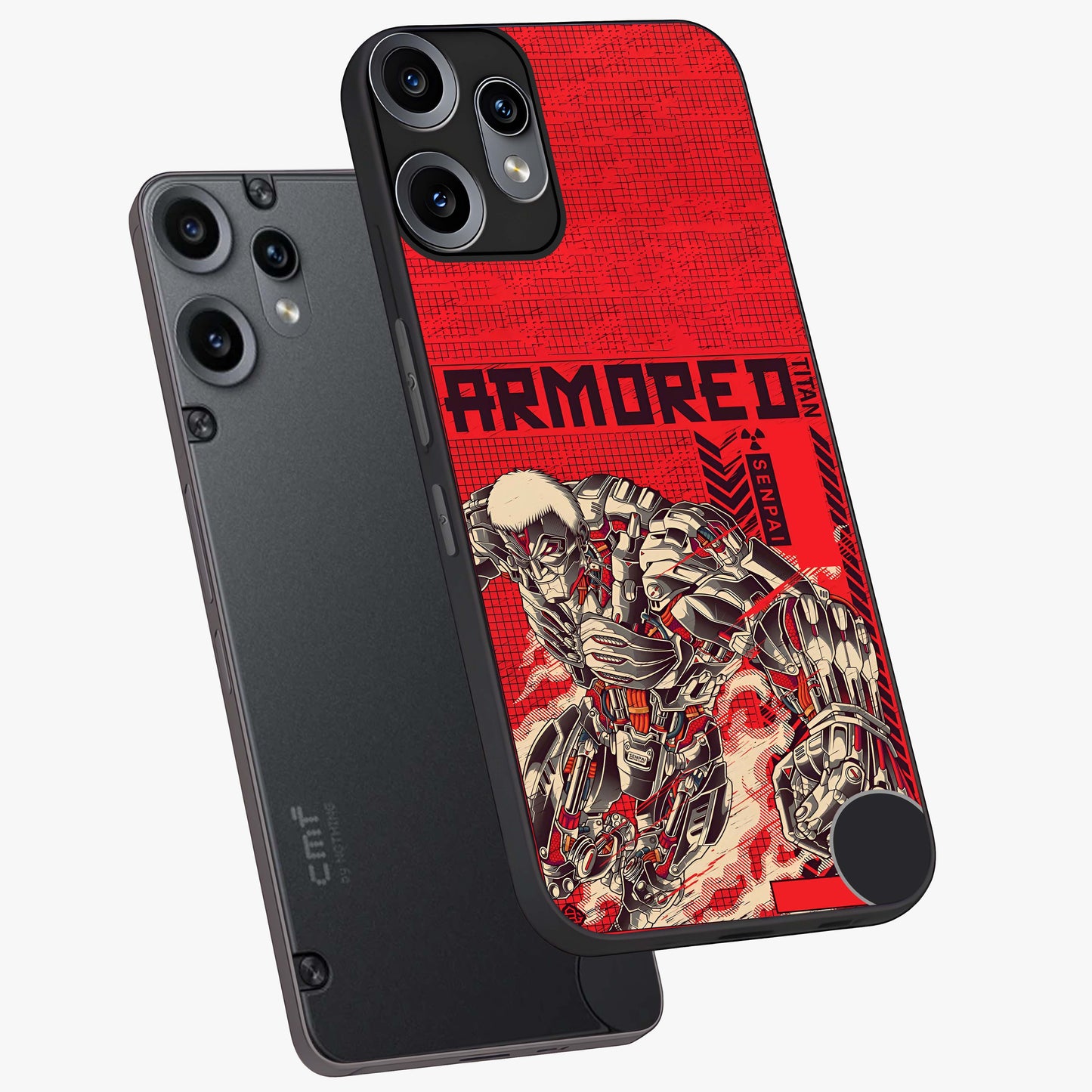 Crimson Mecha Titan Glass Case displayed in angled mockup highlighting futuristic mech illustration with bold crimson aesthetic.