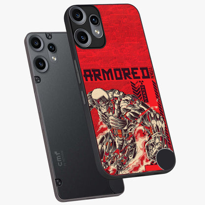 Crimson Mecha Titan Glass Case displayed in angled mockup highlighting futuristic mech illustration with bold crimson aesthetic.