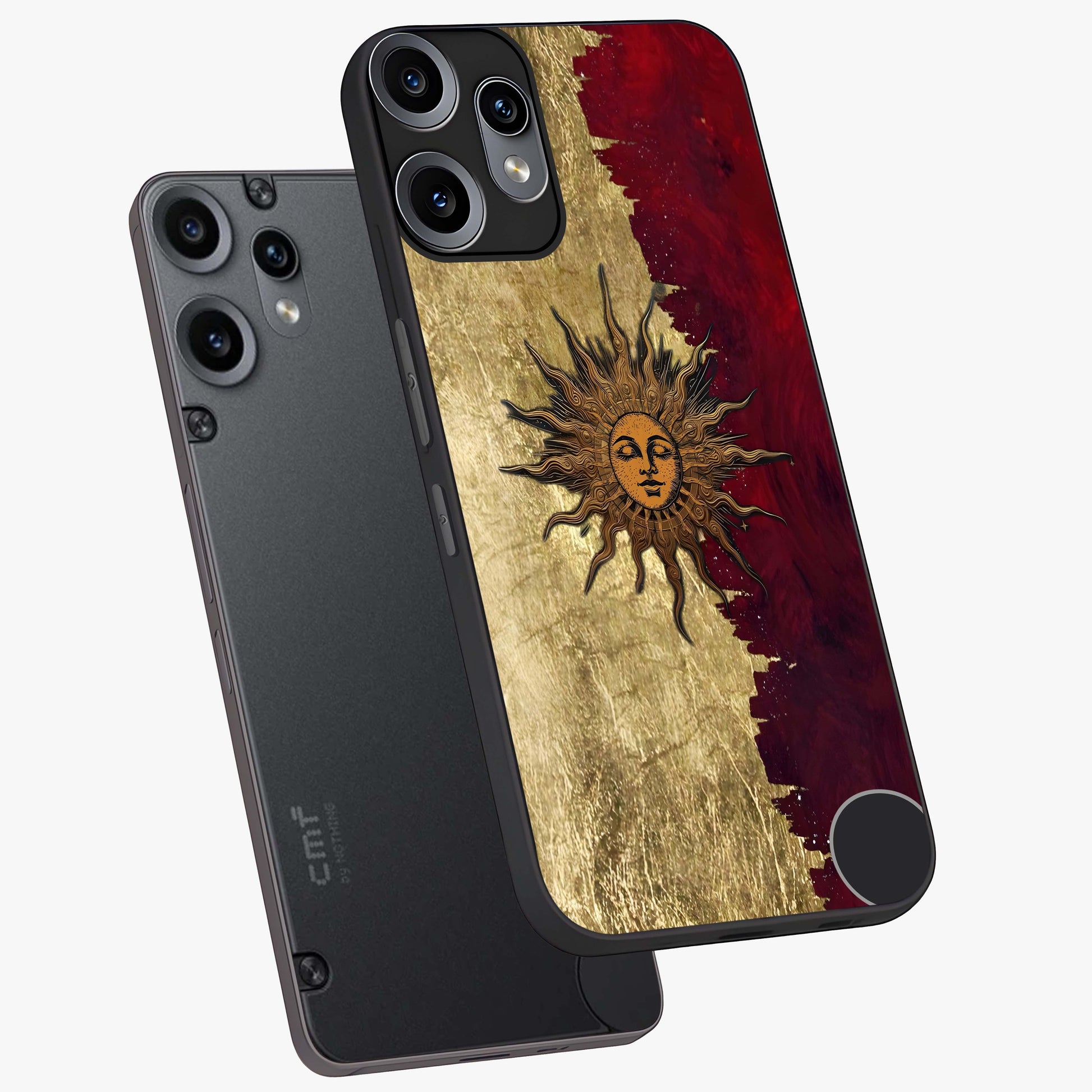 Crimson Sun Majesty Glass Case displayed in angled mockup highlighting majestic crimson sun design with bold aesthetic style.