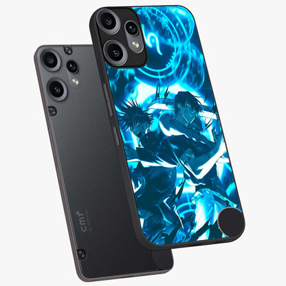 Cursed Energy Clash Glass Case displayed in angled mockup highlighting powerful battle inspired graphic with anime style aesthetic.