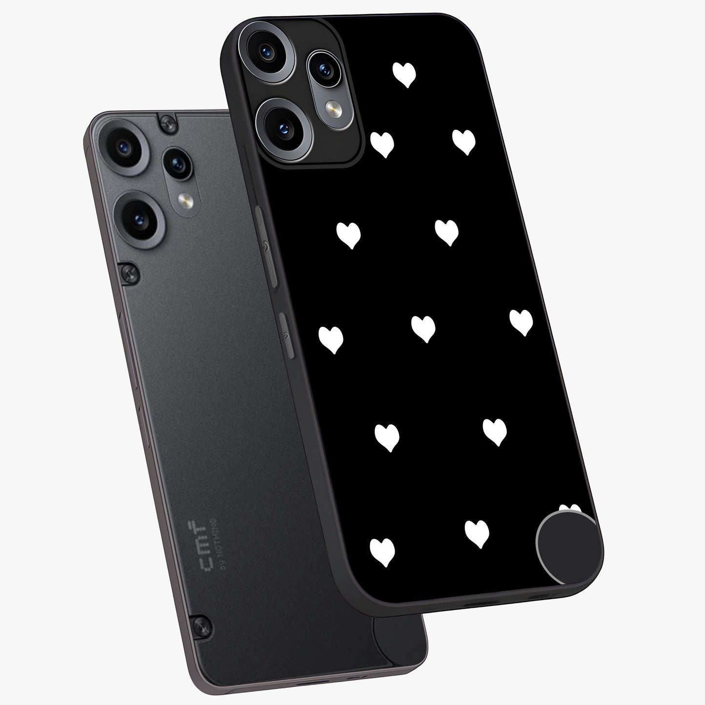 Cute And Simple White Hearts Glass Case displayed in angled mockup highlighting cute heart design with clean aesthetic style.