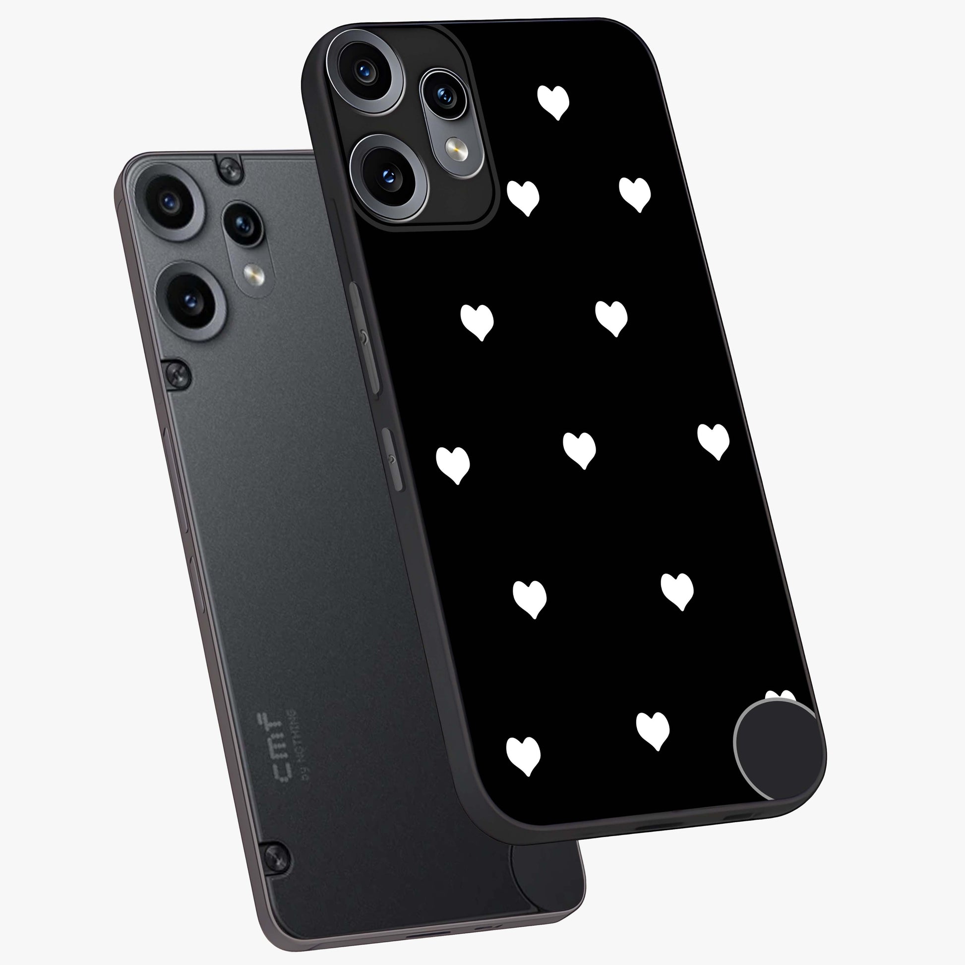 Cute And Simple White Hearts Glass Case displayed in angled mockup highlighting cute heart design with clean aesthetic style.