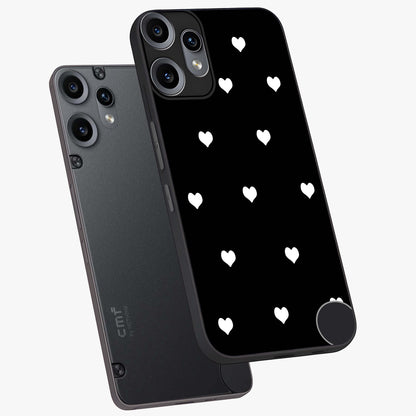 Cute And Simple White Hearts Glass Case displayed in angled mockup highlighting cute heart design with clean aesthetic style.