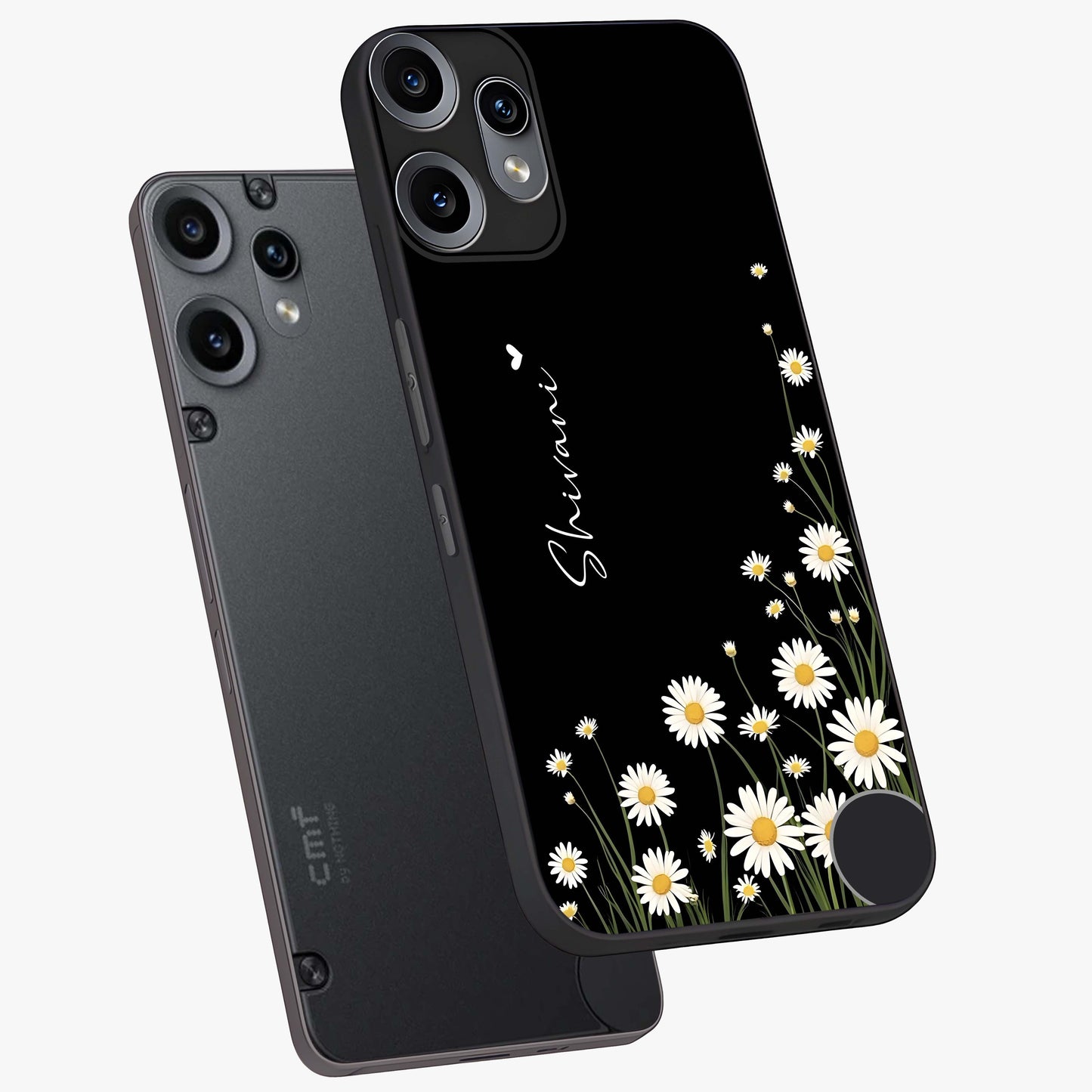 Daisy Cascade Custom Name Glass Case displayed in angled mockup highlighting delicate daisy artwork with custom name feature.