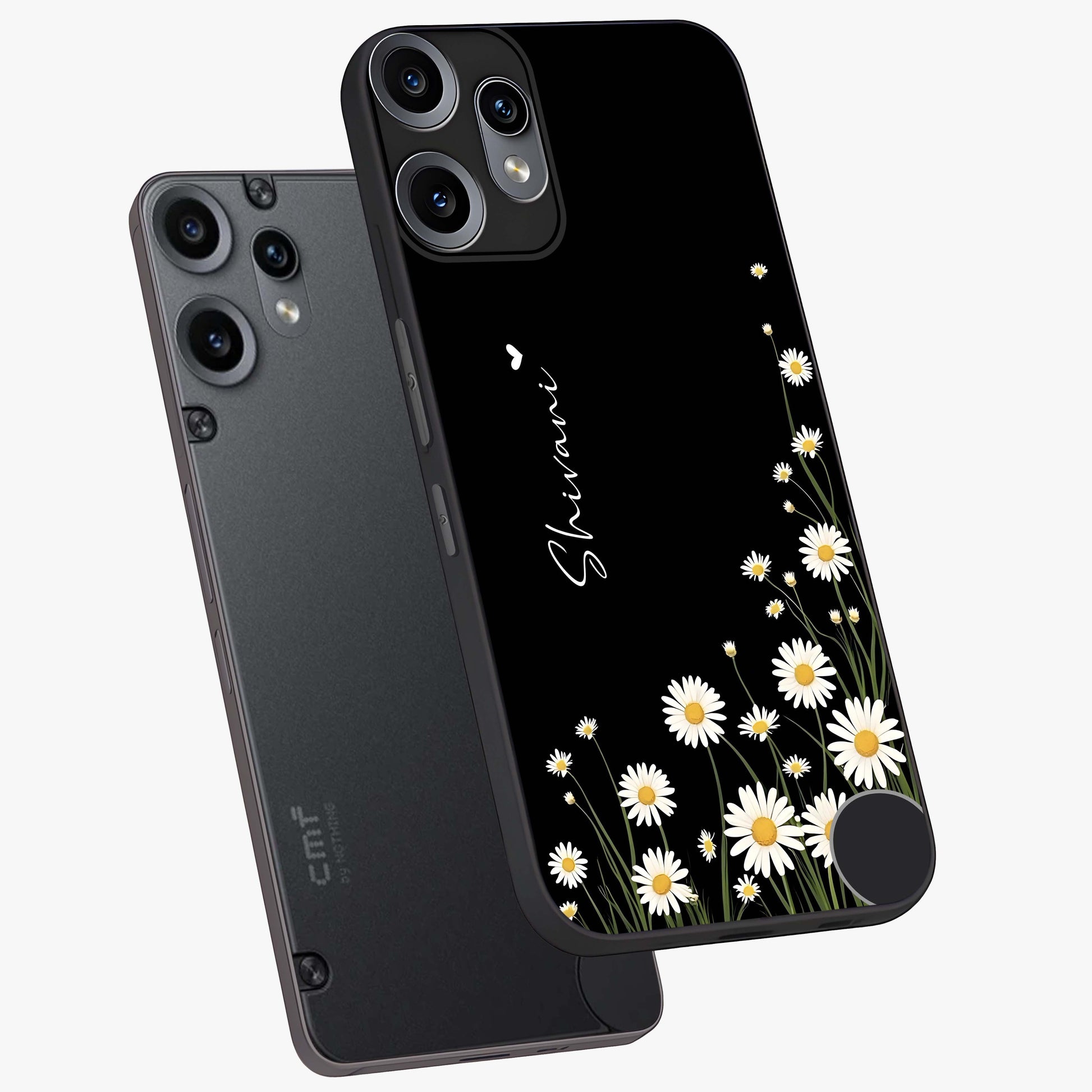 Daisy Cascade Custom Name Glass Case displayed in angled mockup highlighting delicate daisy artwork with custom name feature.
