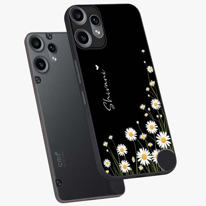 Daisy Cascade Custom Name Glass Case displayed in angled mockup highlighting delicate daisy artwork with custom name feature.