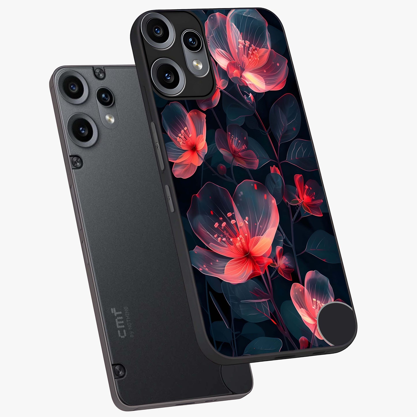 Dark Shade of Flower Glass Case displayed in angled mockup highlighting moody floral illustration with aesthetic dark tones.
