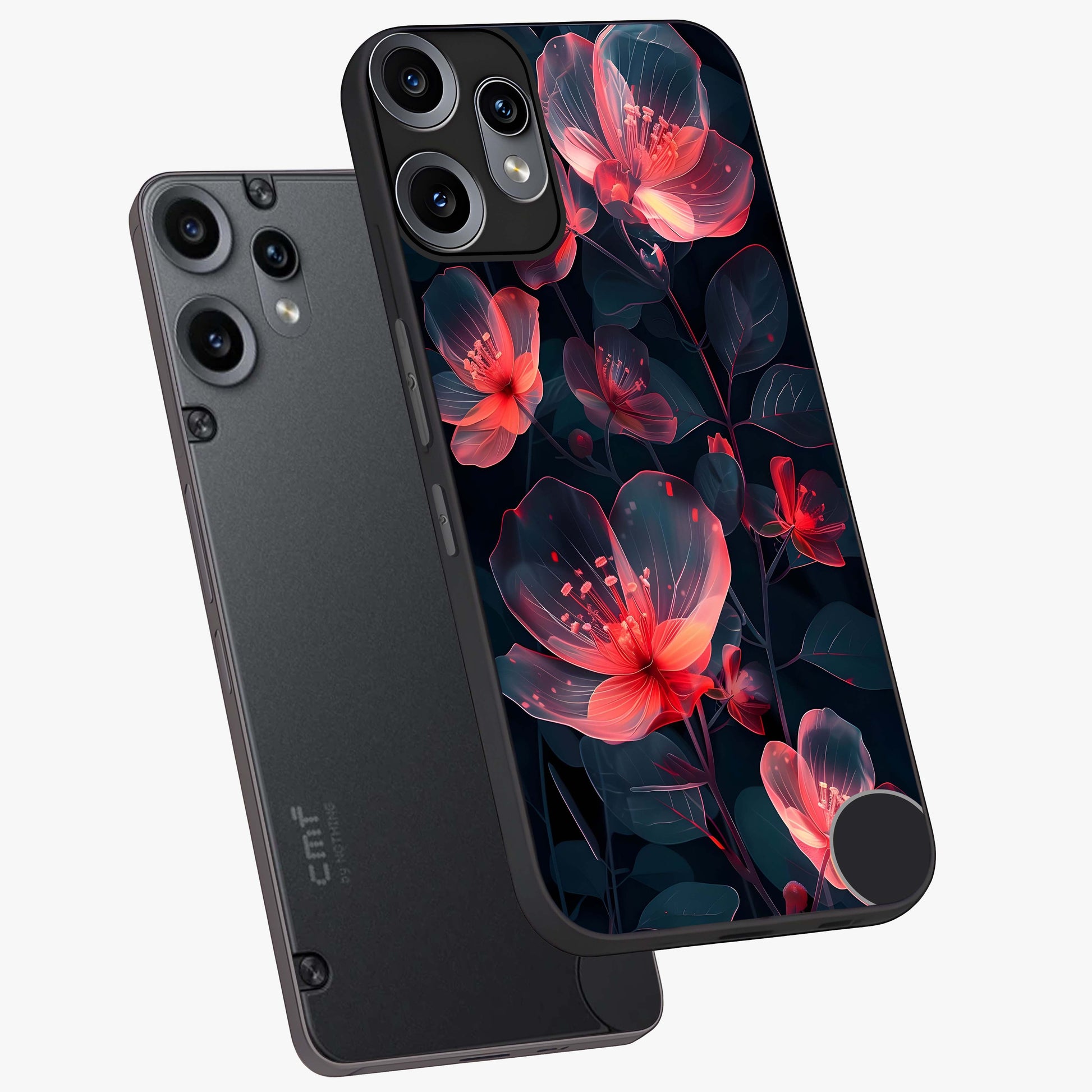 Dark Shade of Flower Glass Case displayed in angled mockup highlighting moody floral illustration with aesthetic dark tones.