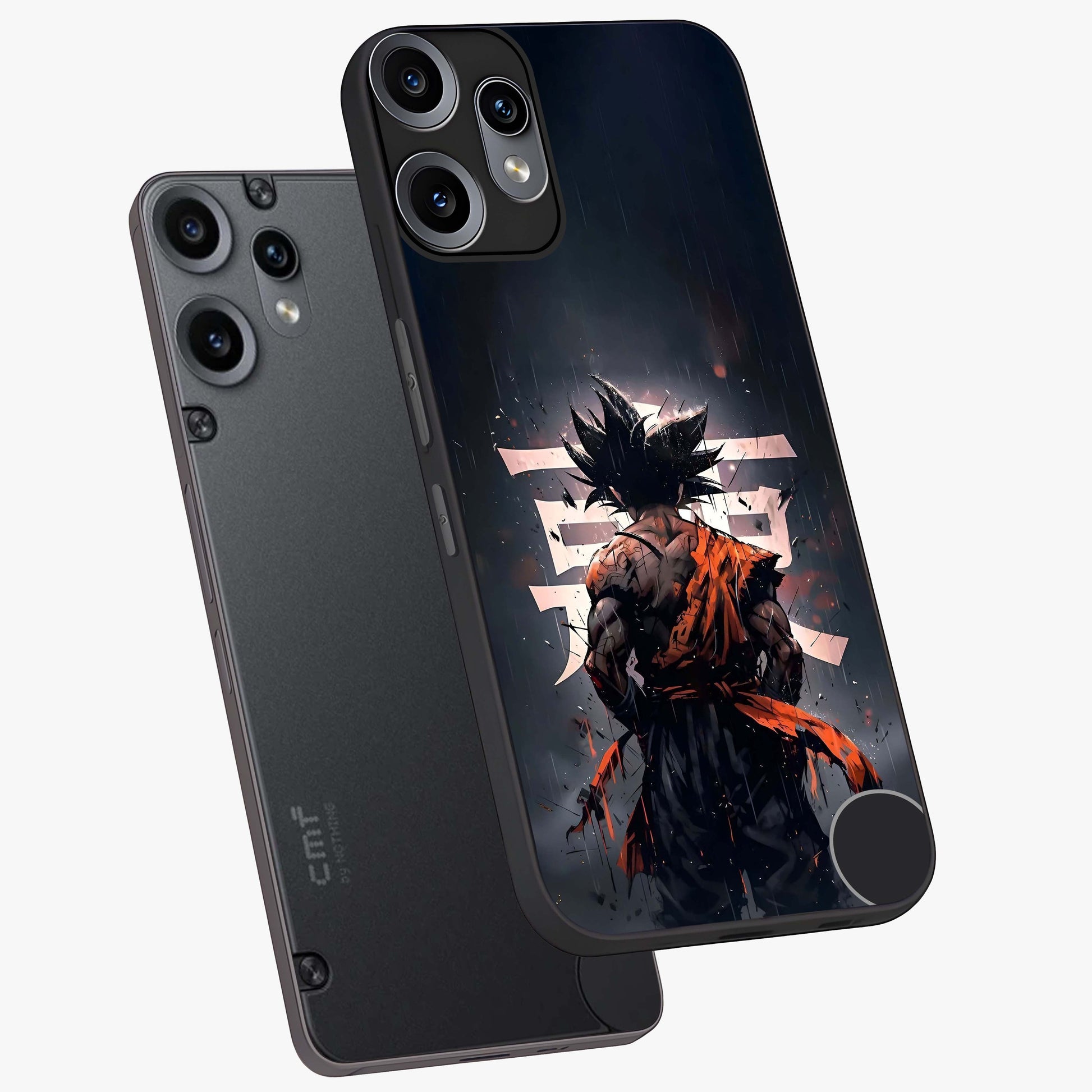 Dark Warrior In Rain Glass Case displayed in angled mockup highlighting dramatic warrior illustration with dark rain aesthetic.