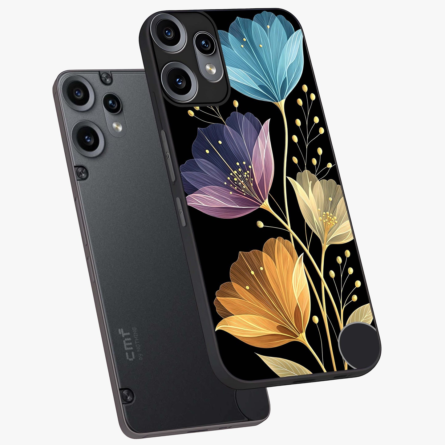 Delicate Multicolor Flowers Glass Case displayed in angled mockup highlighting colorful flower pattern with soft aesthetic style.