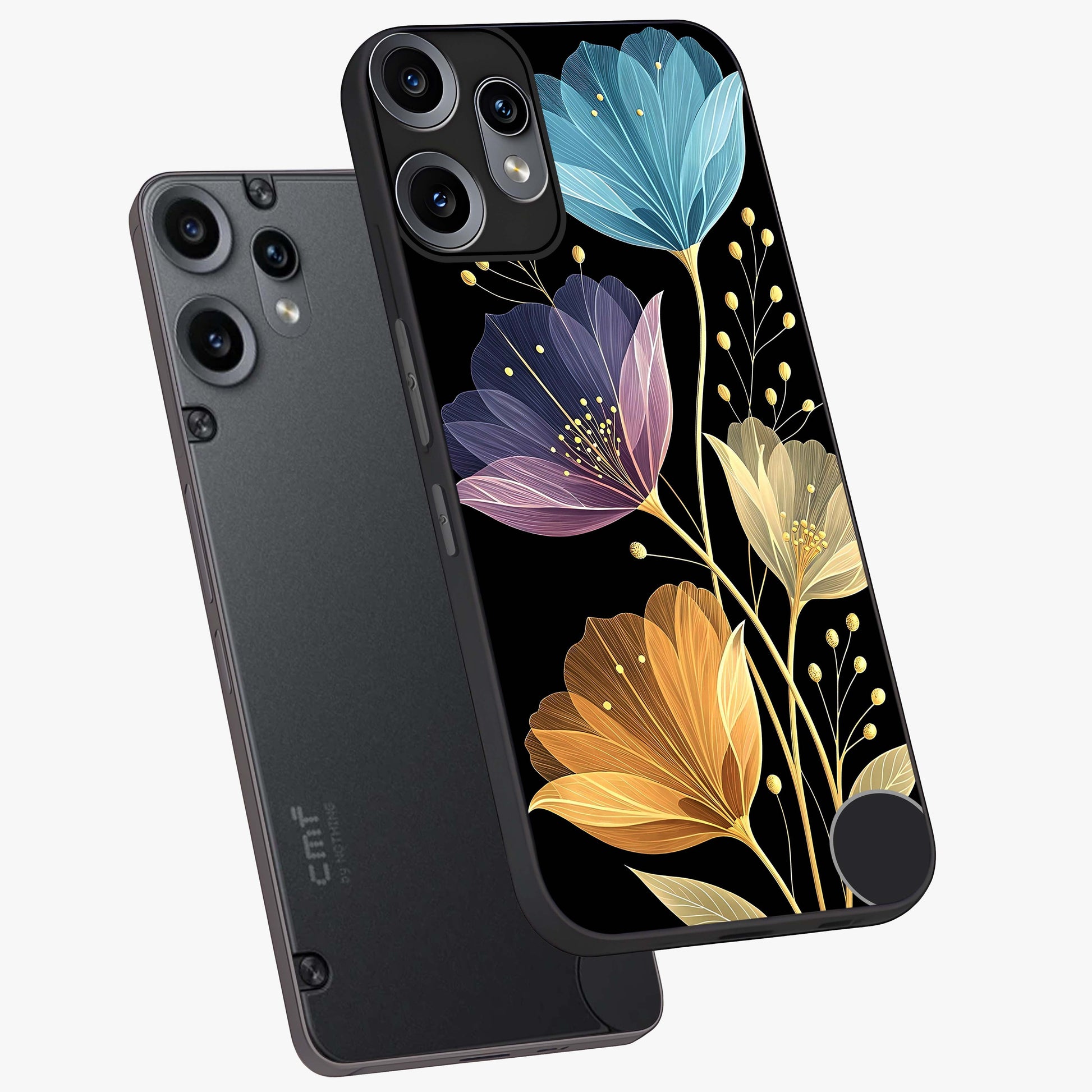 Delicate Multicolor Flowers Glass Case displayed in angled mockup highlighting colorful flower pattern with soft aesthetic style.