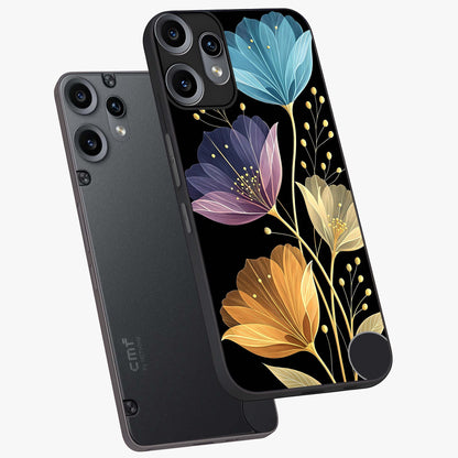 Delicate Multicolor Flowers Glass Case displayed in angled mockup highlighting colorful flower pattern with soft aesthetic style.