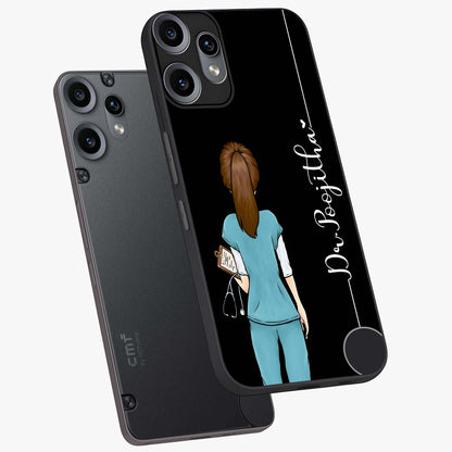 Doctor Pattern Custom Name Glass Case displayed in angled mockup highlighting doctor inspired artwork with custom name feature.
