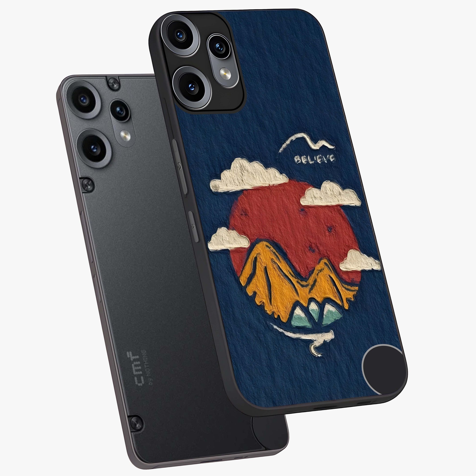 Dream Beyond Mountains Glass Case displayed in angled mockup highlighting dreamy mountain illustration with peaceful aesthetic.