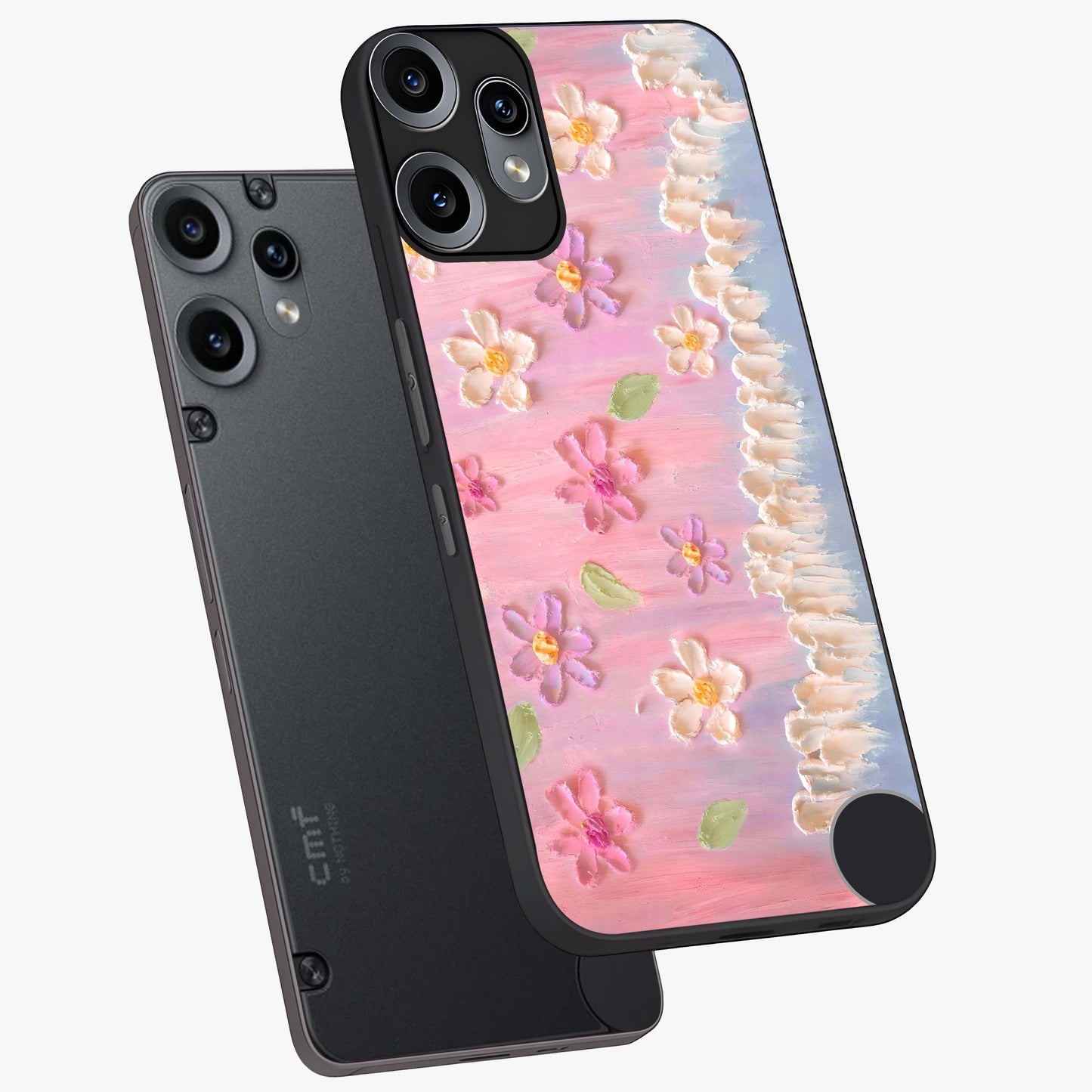Dreamy Painted Garden Glass Case displayed in angled mockup highlighting colorful garden illustration with dreamy aesthetic style.
