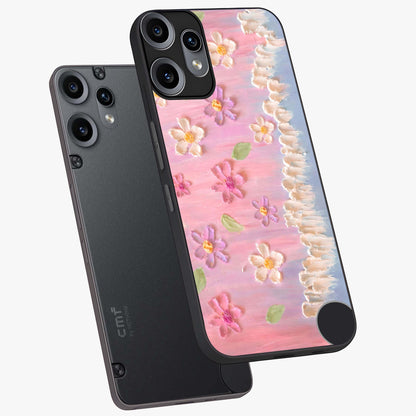 Dreamy Painted Garden Glass Case displayed in angled mockup highlighting colorful garden illustration with dreamy aesthetic style.