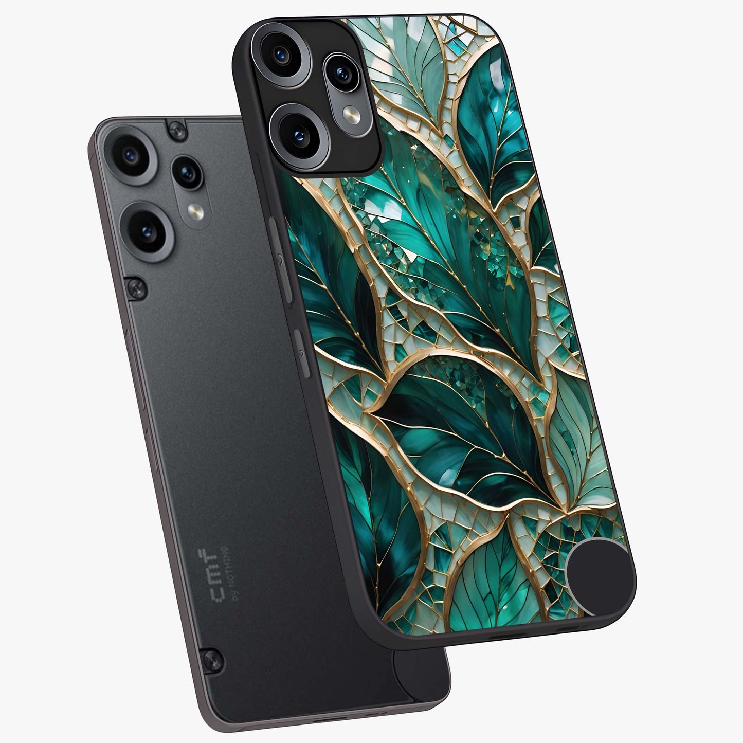 Emerald Leaf Glass Glass Case displayed in angled mockup highlighting botanical leaf illustration with elegant natural aesthetic.