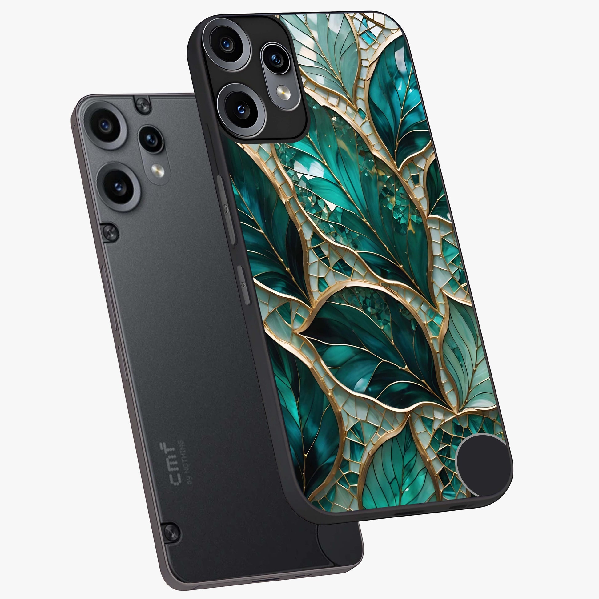 Emerald Leaf Glass Glass Case displayed in angled mockup highlighting botanical leaf illustration with elegant natural aesthetic.