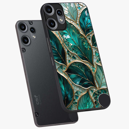 Emerald Leaf Glass Glass Case displayed in angled mockup highlighting botanical leaf illustration with elegant natural aesthetic.
