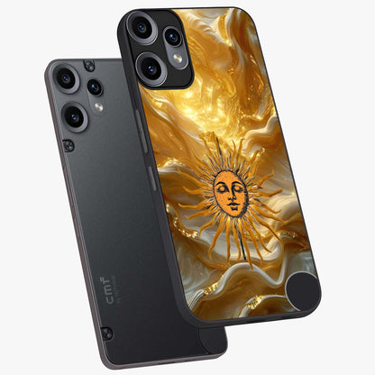 Eternal Golden Glow Glass Case displayed in angled mockup highlighting glowing golden aesthetic design with elegant style.