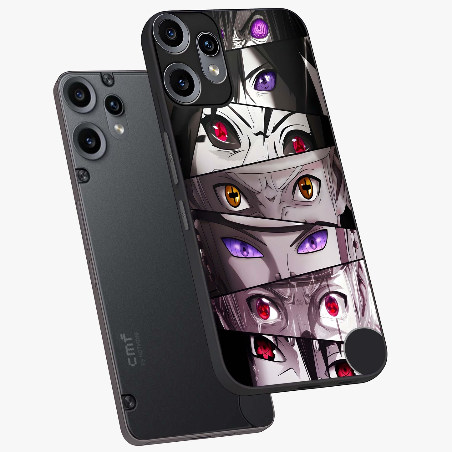 Eyes of Destiny Glass Case displayed in angled mockup highlighting bold eye illustration with mystical aesthetic style.