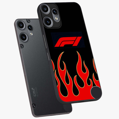Fire F11 Glass Case displayed in angled mockup highlighting bold fire inspired graphic with energetic aesthetic style.
