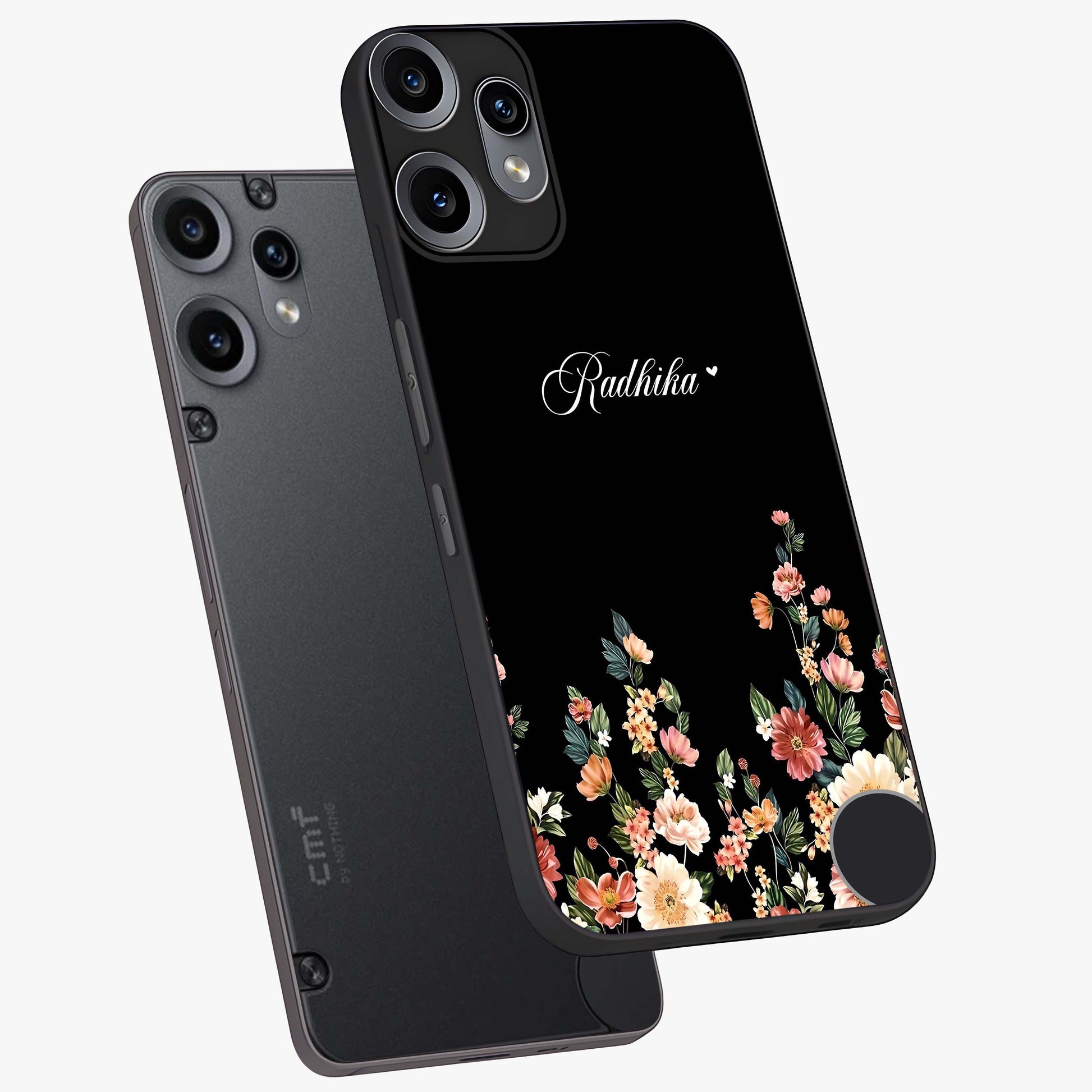 Floral Design With a Custom Personalized Name Glass Case displayed in angled mockup highlighting elegant floral pattern with custom name feature.