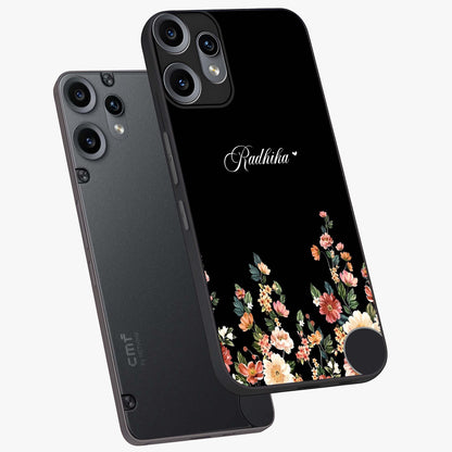Floral Design With a Custom Personalized Name Glass Case displayed in angled mockup highlighting elegant floral pattern with custom name feature.