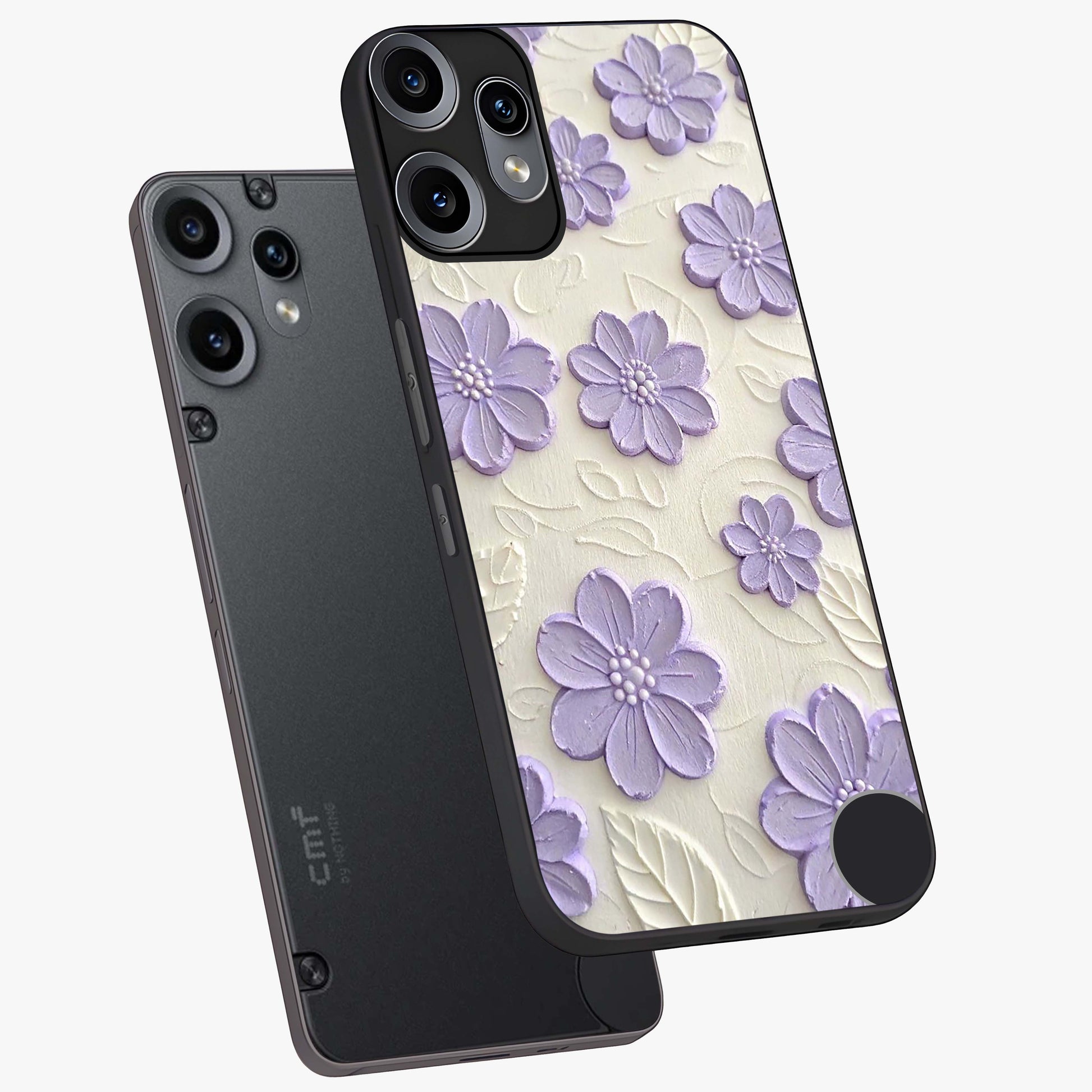 Floral Wall Art With Purple Flowers Glass Case displayed in angled mockup highlighting vibrant purple floral illustration with artistic aesthetic.