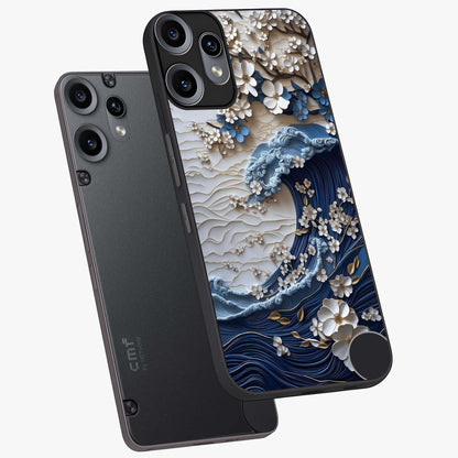 Floral Wave Origami Glass Case displayed in angled mockup highlighting geometric origami flower design with modern aesthetic style.