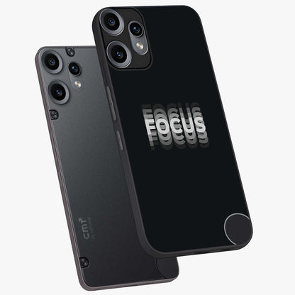 Focus Mode On Glass Case displayed in angled mockup highlighting clean minimal text artwork with modern aesthetic style.