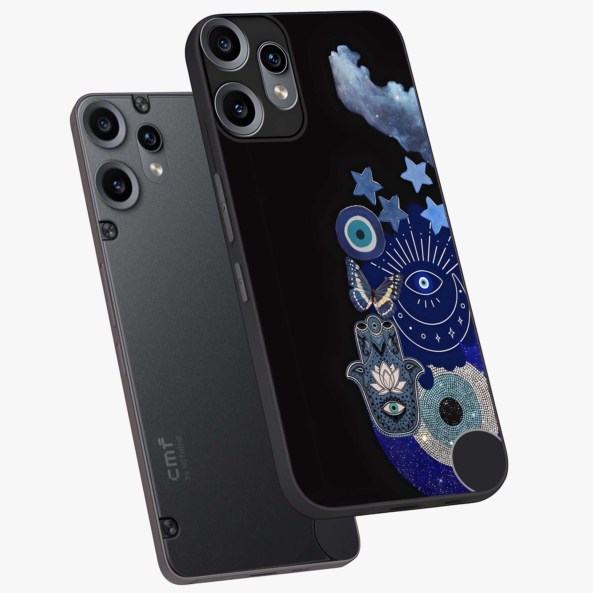 Galactic Charm Cluster Glass Case displayed in angled mockup highlighting luminous galaxy inspired design with dreamy aesthetic.