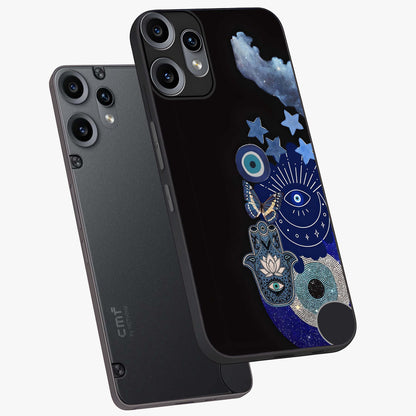 Galactic Charm Cluster Glass Case displayed in angled mockup highlighting luminous galaxy inspired design with dreamy aesthetic.