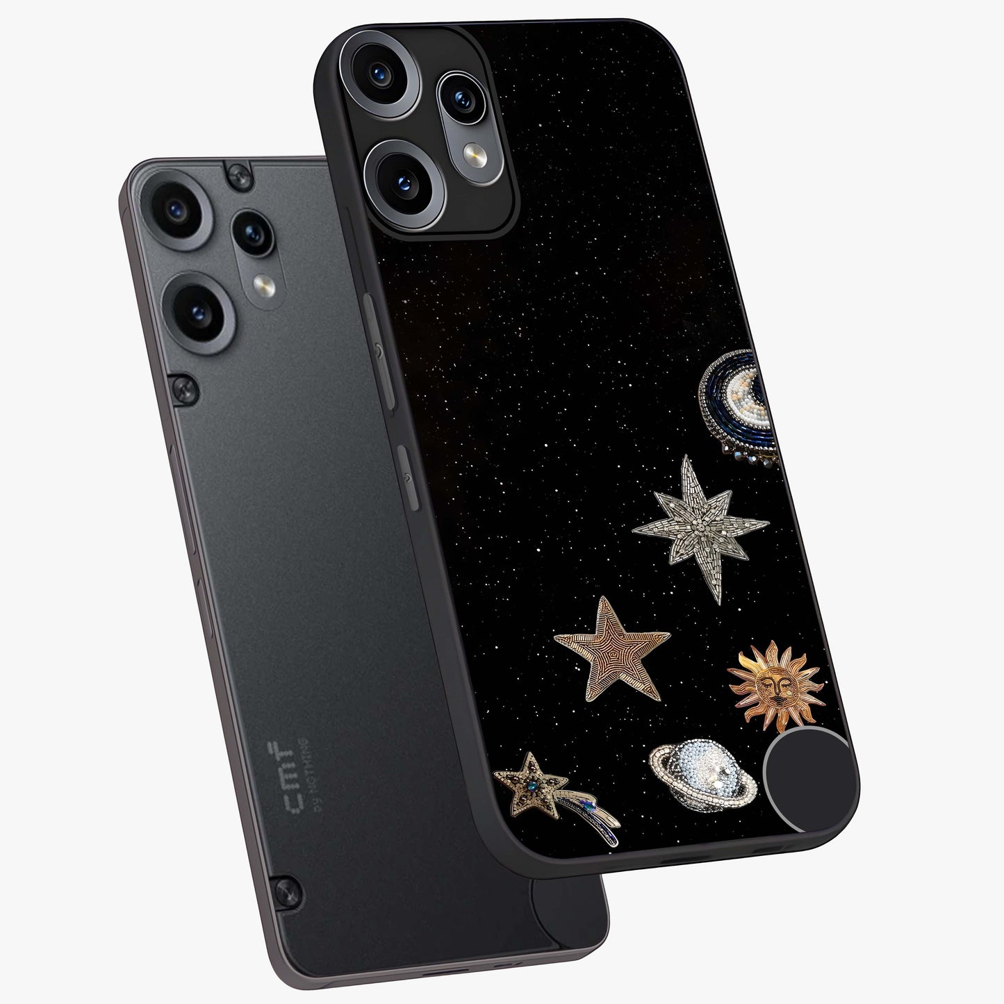 Galactic Charm Glow Glass Case displayed in angled mockup highlighting luminous galaxy inspired design with dreamy aesthetic.