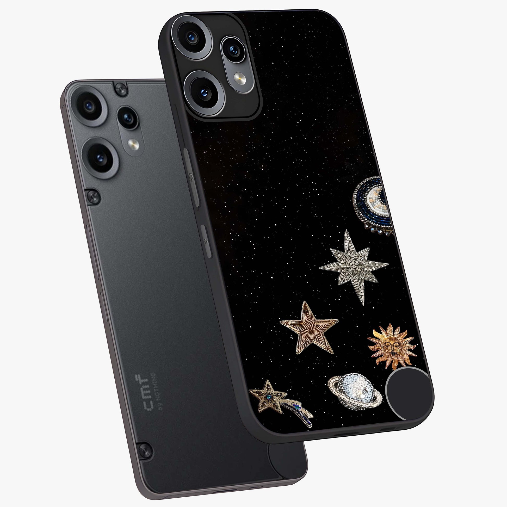 Galactic Charm Glow Glass Case displayed in angled mockup highlighting luminous galaxy inspired design with dreamy aesthetic.